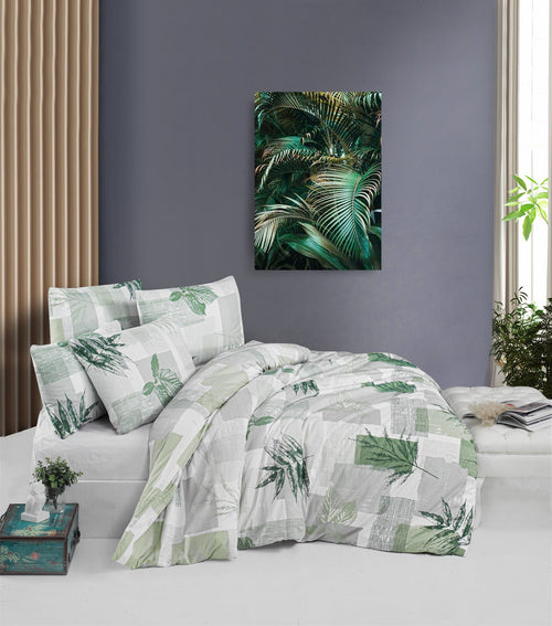 Lenjerie de pat din bumbac, Leaf Verde / Alb / Gri, 200 x 220 cm