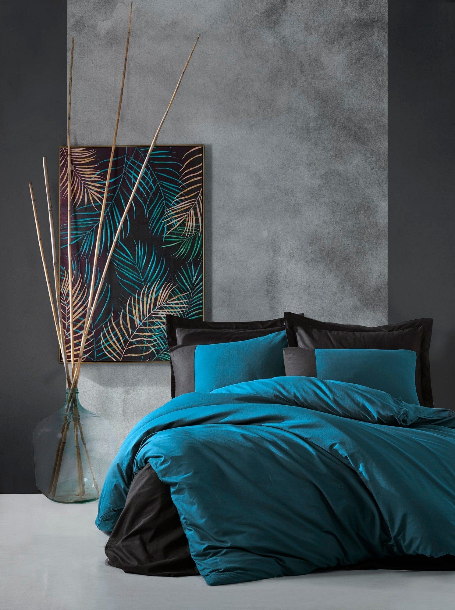 Lenjerie de pat din bumbac, Plain Teal / Negru, 200 x 220 cm