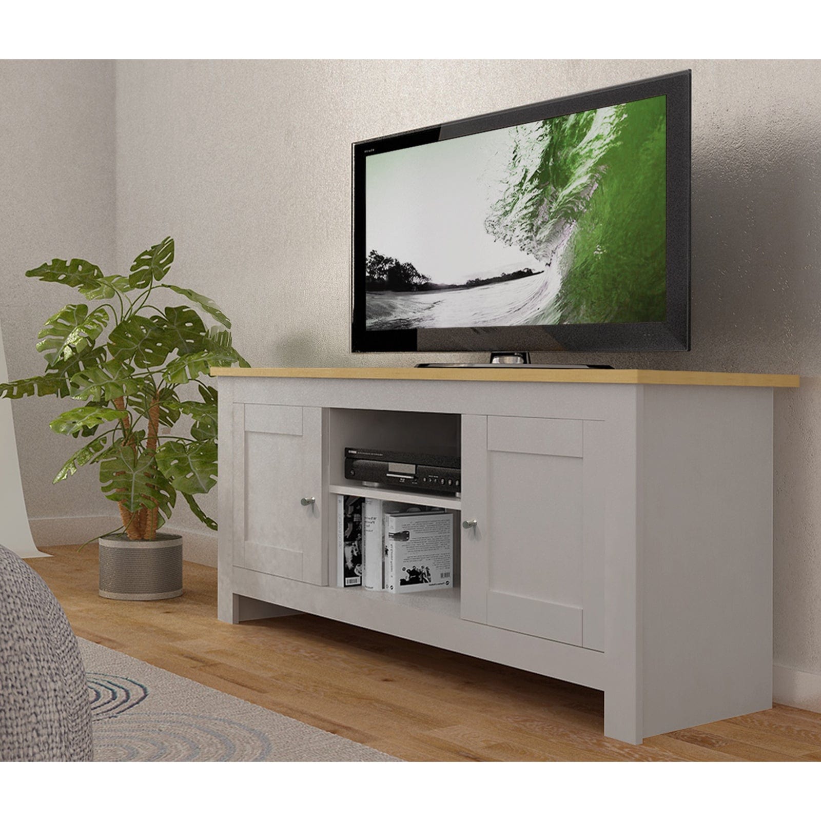 Comoda TV din MDF si pal, cu 2 usi, Emerald Gri / Natural, l120xA39xH58 cm (2)