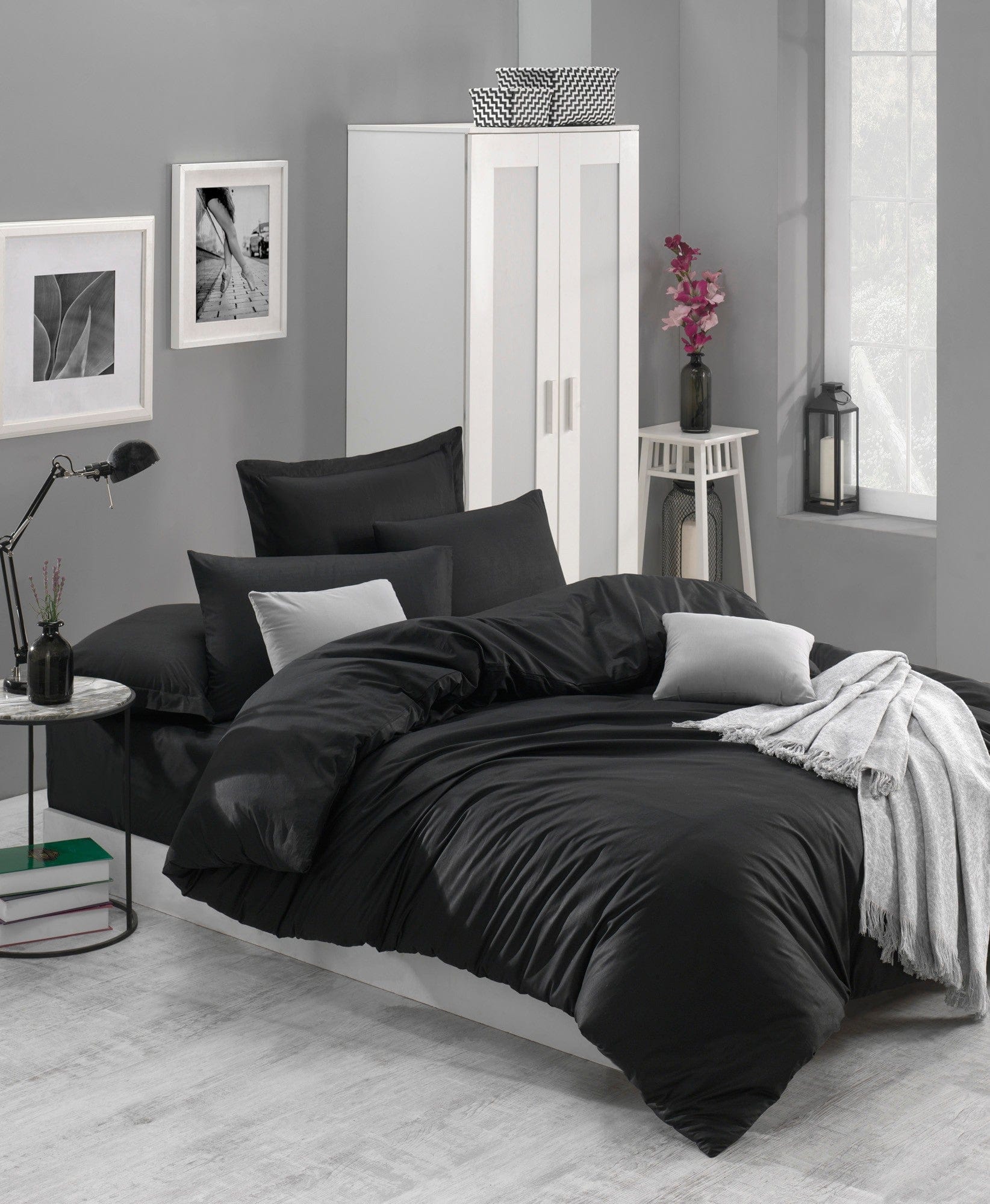Lenjerie de pat din bumbac, Fresh Color Negru, 200 x 220 cm