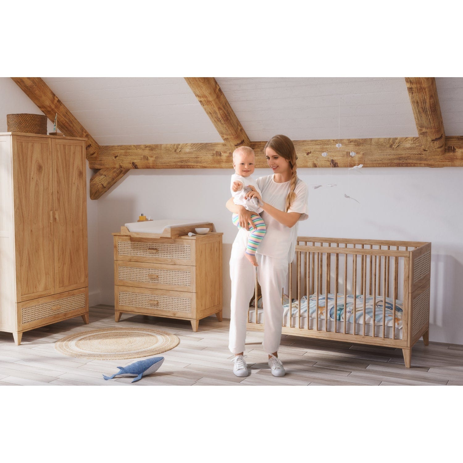 Dulap din MDF, lemn si ratan, cu 2 usi si 1 sertar, pentru bebe, Nami Natural, l92,6xA52xH175 cm (2)