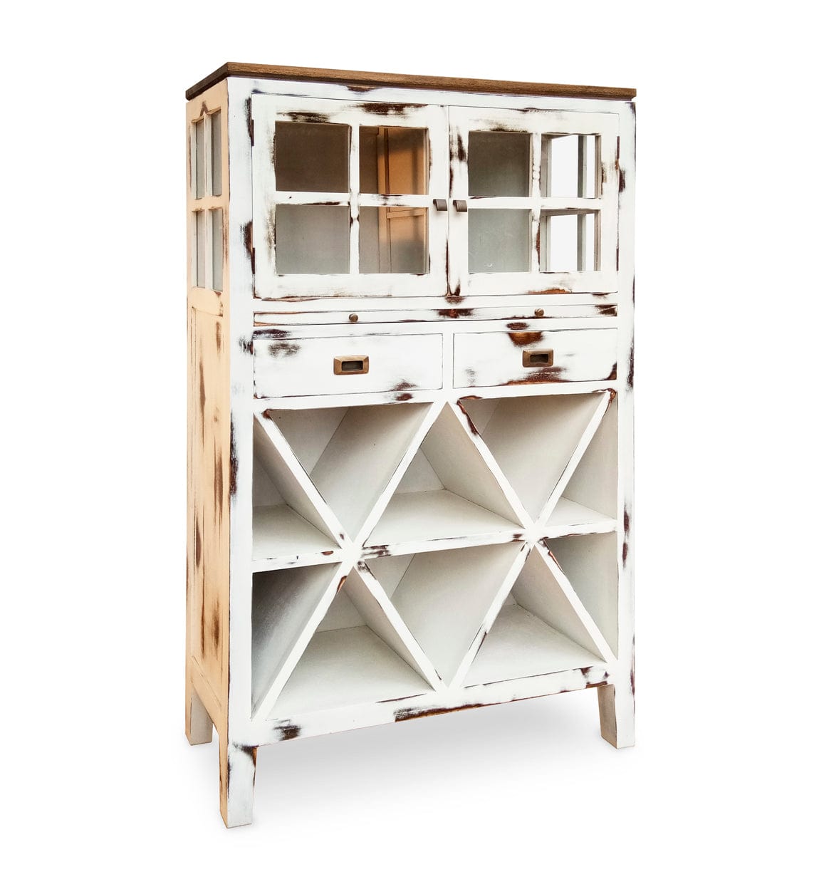 Moycor Cabinet cu vitrina din lemn, cu 2 sertare, 2 usi si suport sticle, Everest Alb Antichizat / Maro, l100xA35xH150 cm