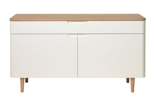 Comoda din MDF, pal si furnir, cu 2 sertare si 2 usi, Amalfi Alb / Stejar, l140xA44xH76 cm