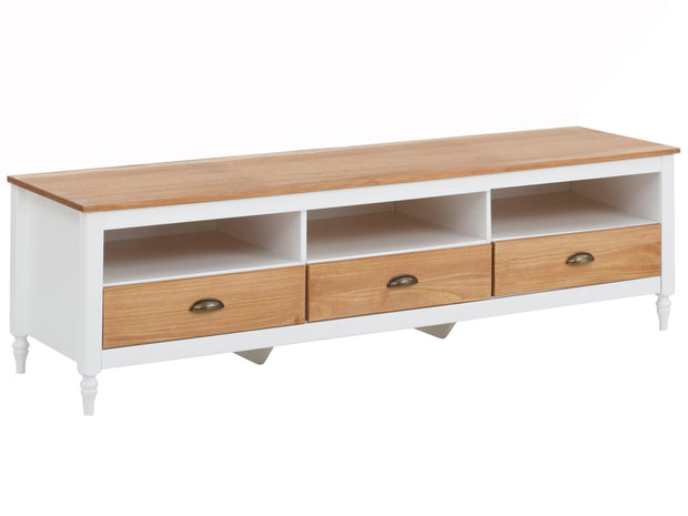 Comoda TV din lemn de pin si MDF, cu 3 sertare, Rio Alb / Natural, l160xA45xH45 cm