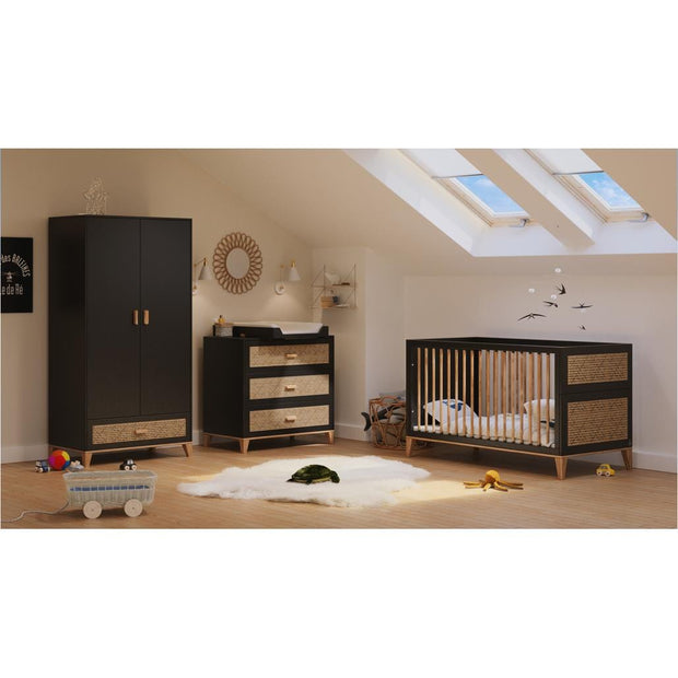 Dulap din MDF, lemn si ratan, cu 2 usi si 1 sertar, pentru bebe, Nami Negru / Bej, l90xA52xH175 cm (4)