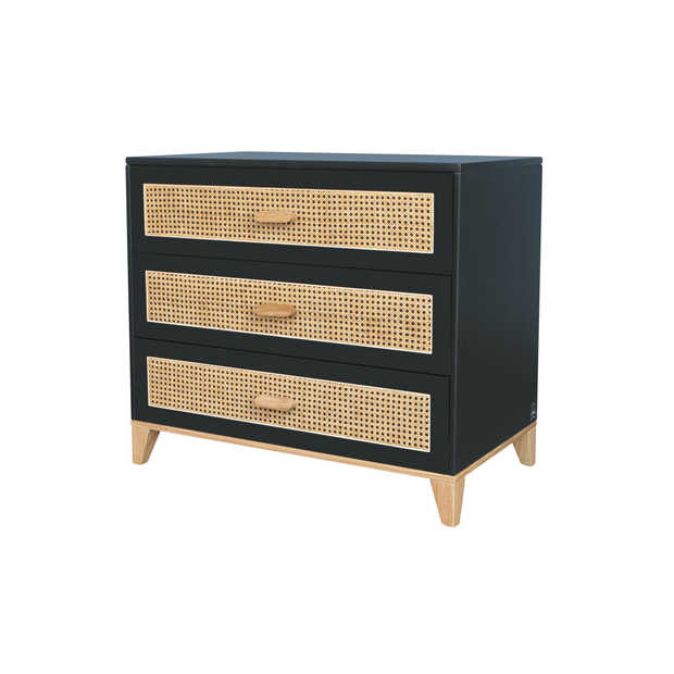 Comoda din lemn, MDF si ratan, cu 3 sertare, pentru bebe, Nami Negru / Natural, l90xA52xH86 cm