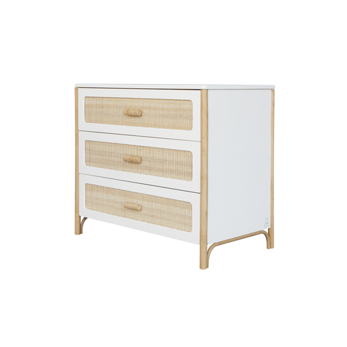 Comoda din lemn, MDF si ratan, cu 3 sertare, pentru bebe, Oceania Alb / Natural, l90xA52xH86 cm