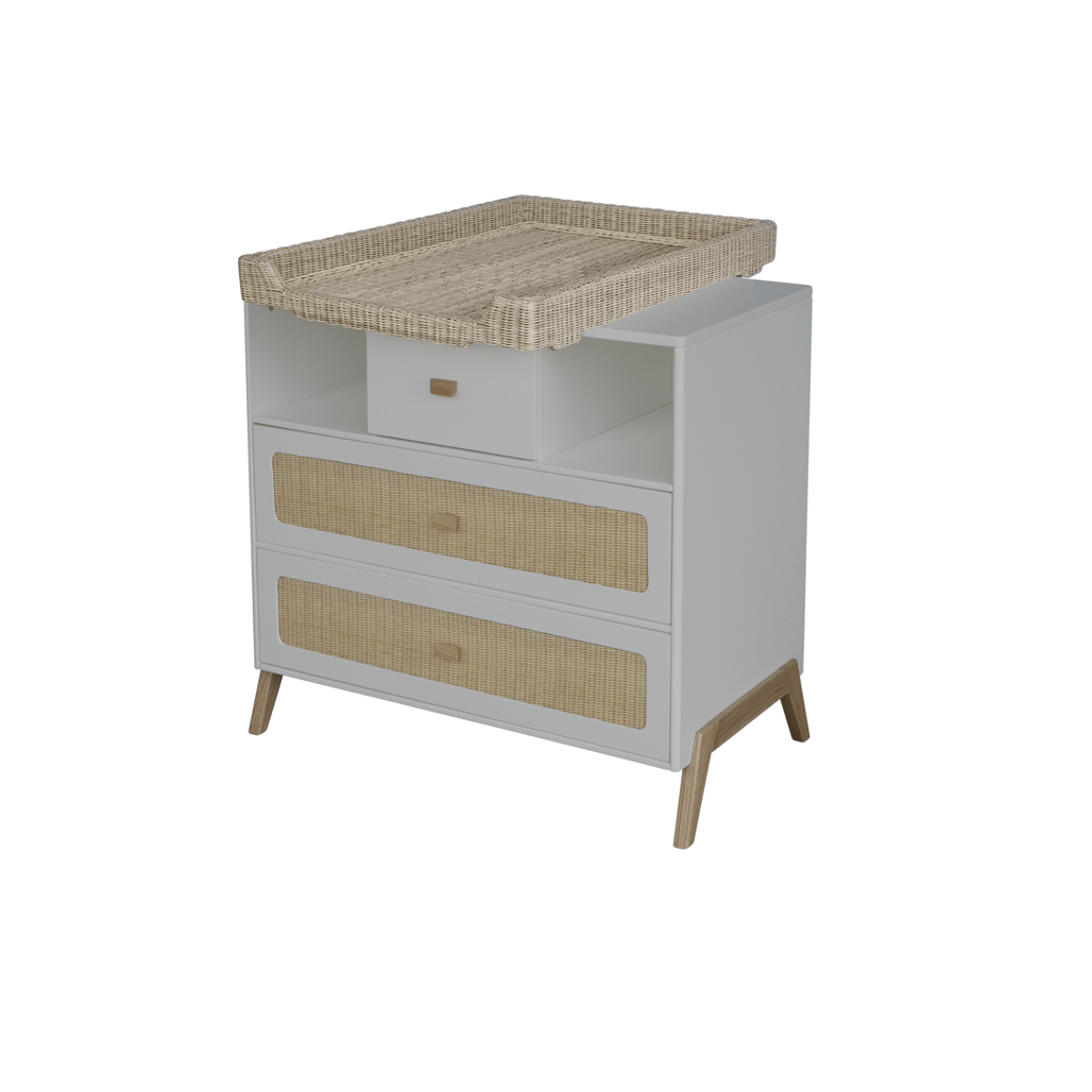 Comoda din lemn, MDF si ratan, cu 3 sertare, pentru bebe, Marelia Gri / Natural, l92,4xA52xH86 cm (5)