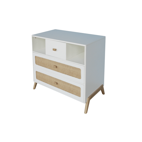 Comoda din lemn, MDF si ratan, cu 3 sertare, pentru bebe, Marelia Alb / Natural, l92,4xA52xH86 cm