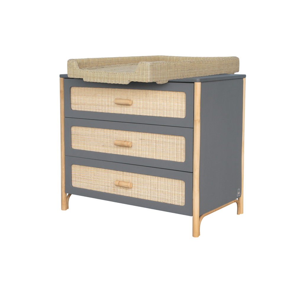 Comoda din lemn, MDF si ratan, cu 3 sertare, pentru bebe, Oceania Gri / Natural, l90xA52xH86 cm (2)