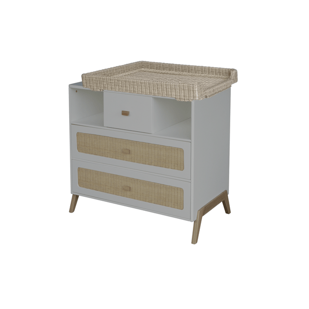 Comoda din lemn, MDF si ratan, cu 3 sertare, pentru bebe, Marelia Gri / Natural, l92,4xA52xH86 cm (4)