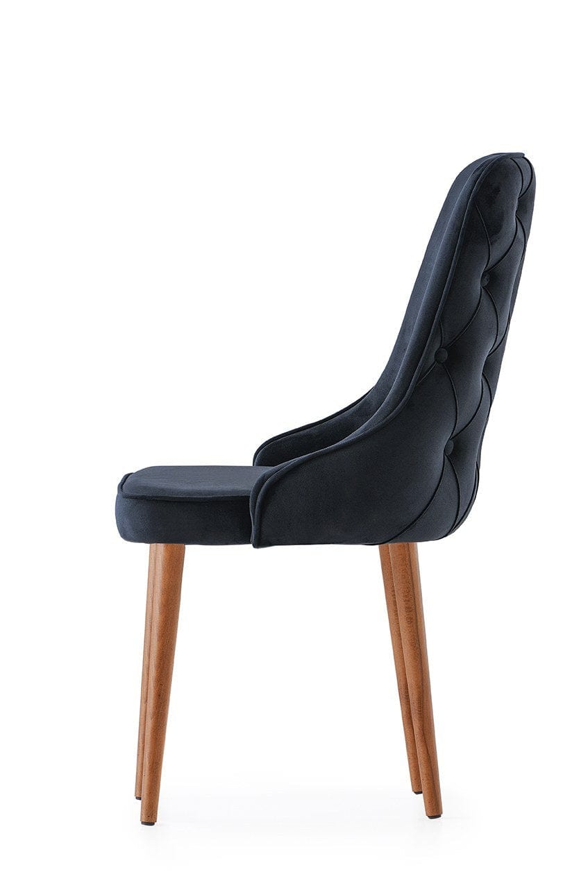 Set 4 scaune tapitate cu stofa si picioare din pal, Seyhan 1 Velvet Negru / Nuc, l52xA50xH98 cm (2)