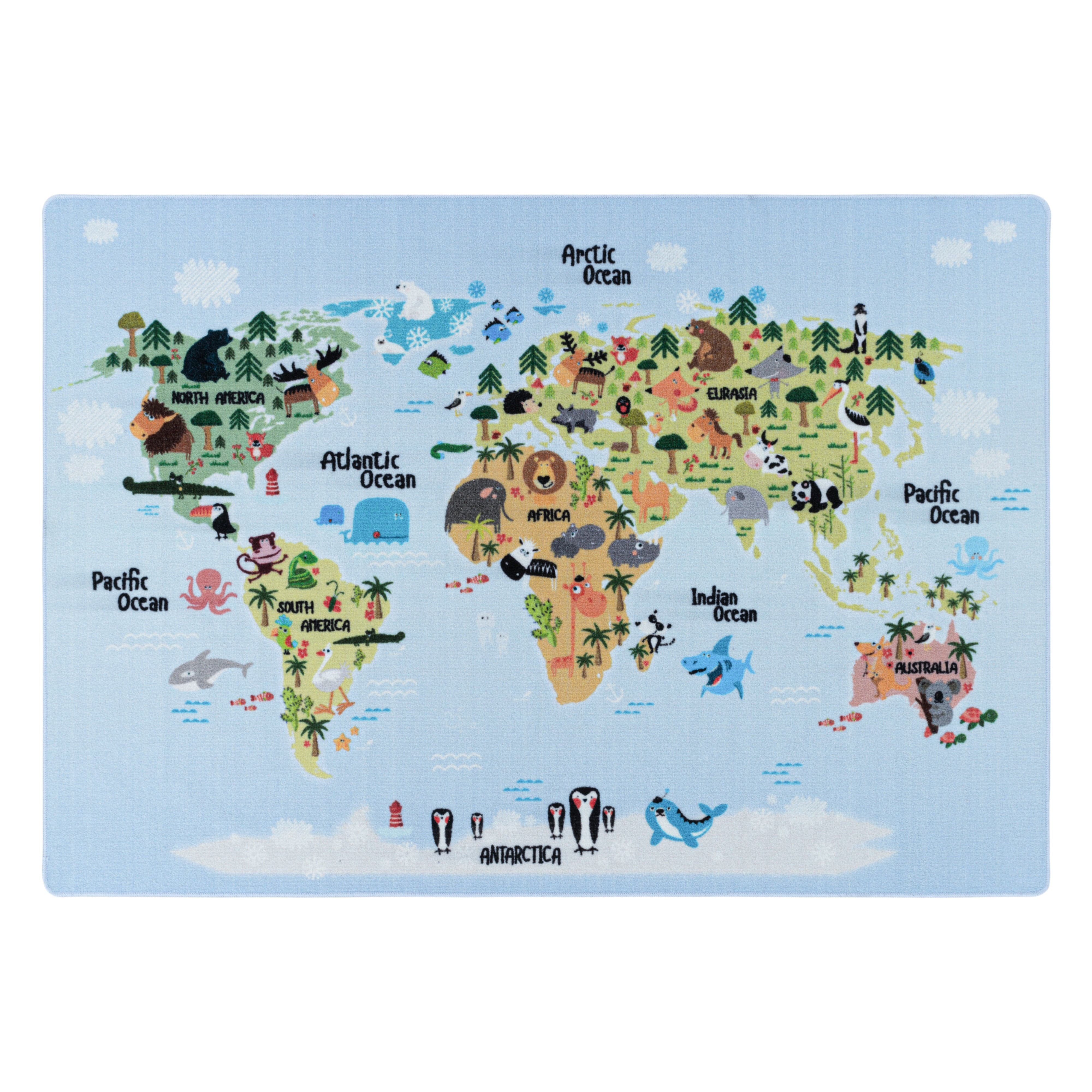 Ayyildiz Teppiche 100 x 150 cm Covor pentru copii din poliamida Play 2917 World Map Animals Albastru