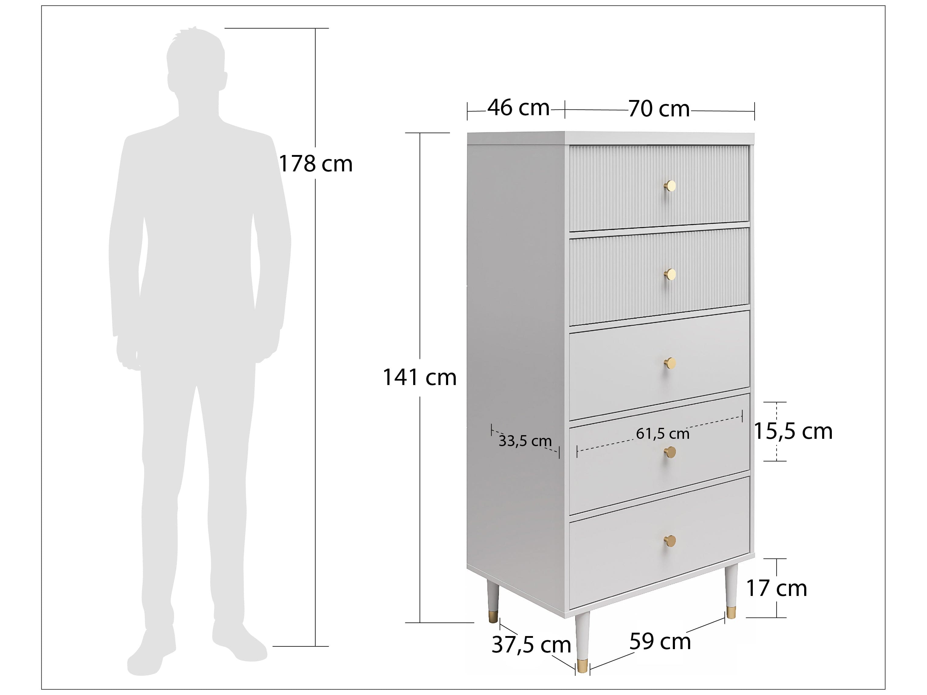 Comoda din pal, MDF si lemn, cu 5 sertare, Elizabeth Gri / Auriu, l70xA46xH141 cm (1)