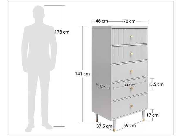 Comoda din pal, MDF si lemn, cu 5 sertare, Elizabeth Gri / Auriu, l70xA46xH141 cm (1)