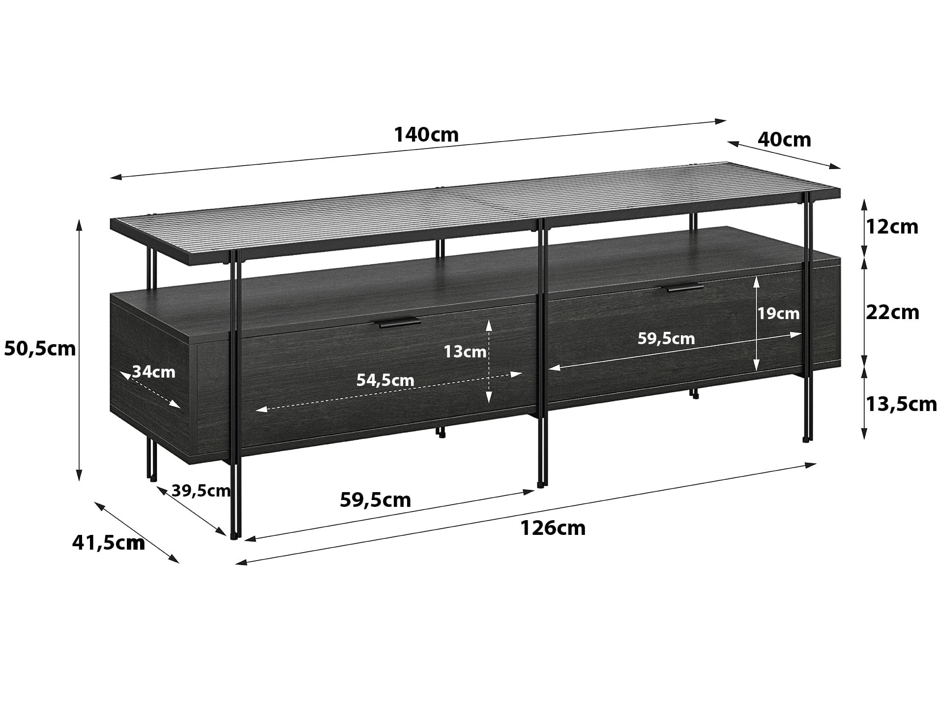 Comoda TV din sticla, pal si metal, cu 2 sertare, Wainwright Negru, l140xA39xH50 cm (1)