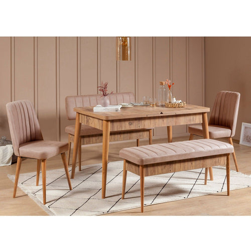 Set masa extensibila din pal si lemn + 2 scaune tapitate cu stofa + 2 banci tapitate cu stofa, Vina Pin Atlantic / Cappuccino, L130-165xl80xH77 cm