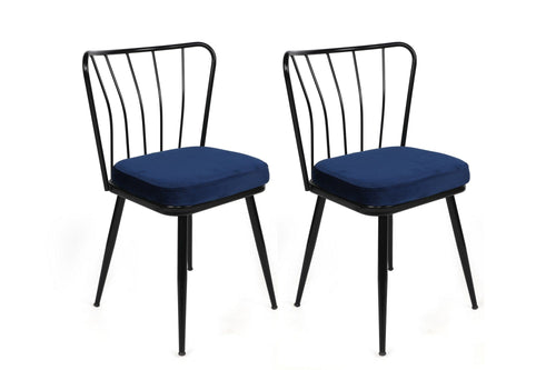 Set 2 scaune tapitate cu stofa si picioare metalice, Yıldız-944 V2 Velvet Albastru Inchis / Negru, l43xA42xH82 cm
