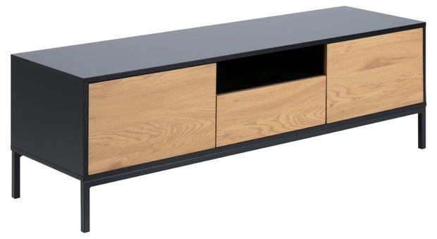 Comoda TV din MDF si metal, cu 1 sertar si 2 usi, Seaford Negru, l140xA40xH45 cm