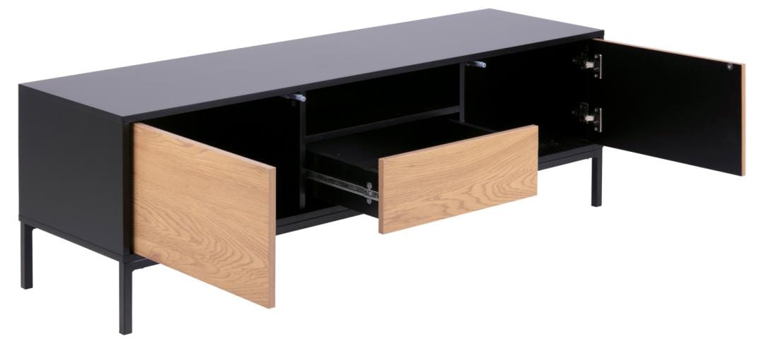 Comoda TV din MDF si metal, cu 1 sertar si 2 usi, Seaford Negru, l140xA40xH45 cm (2)