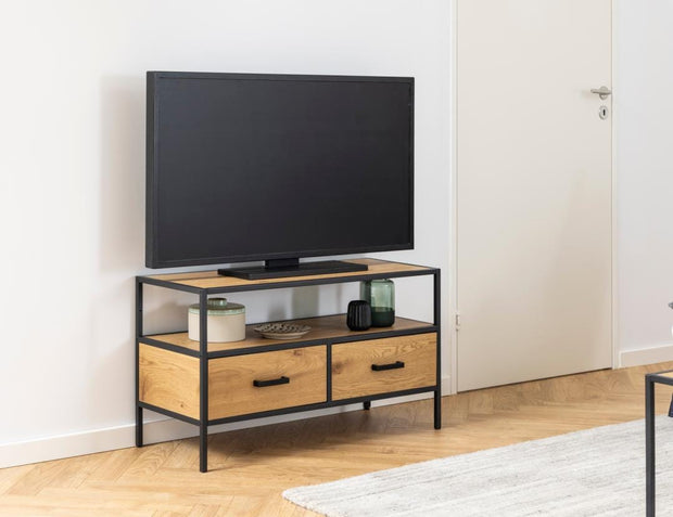 Comoda TV din MDF si metal, cu 2 sertare, Seaford Natural / Negru, l90xA35xH50 cm (4)