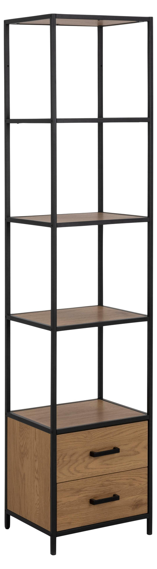 Biblioteca din MDF si metal, cu 2 sertare, Seaford Natural / Negru, l42xA35xH185 cm