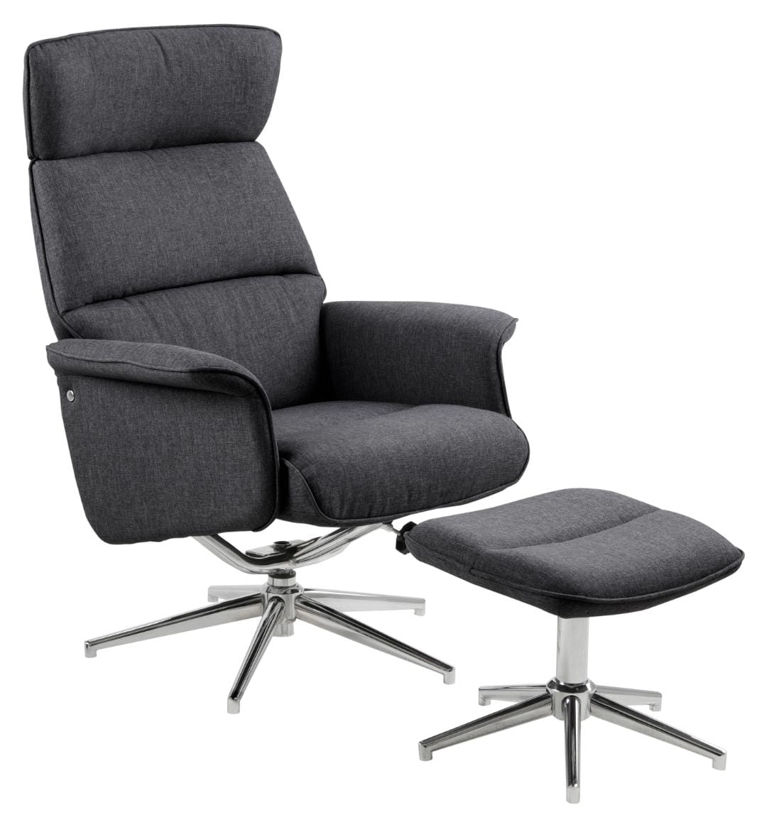 Fotoliu Recliner tapitat cu stofa + Taburet, Alura Gri Inchis / Crom, l74xA111xH110 cm