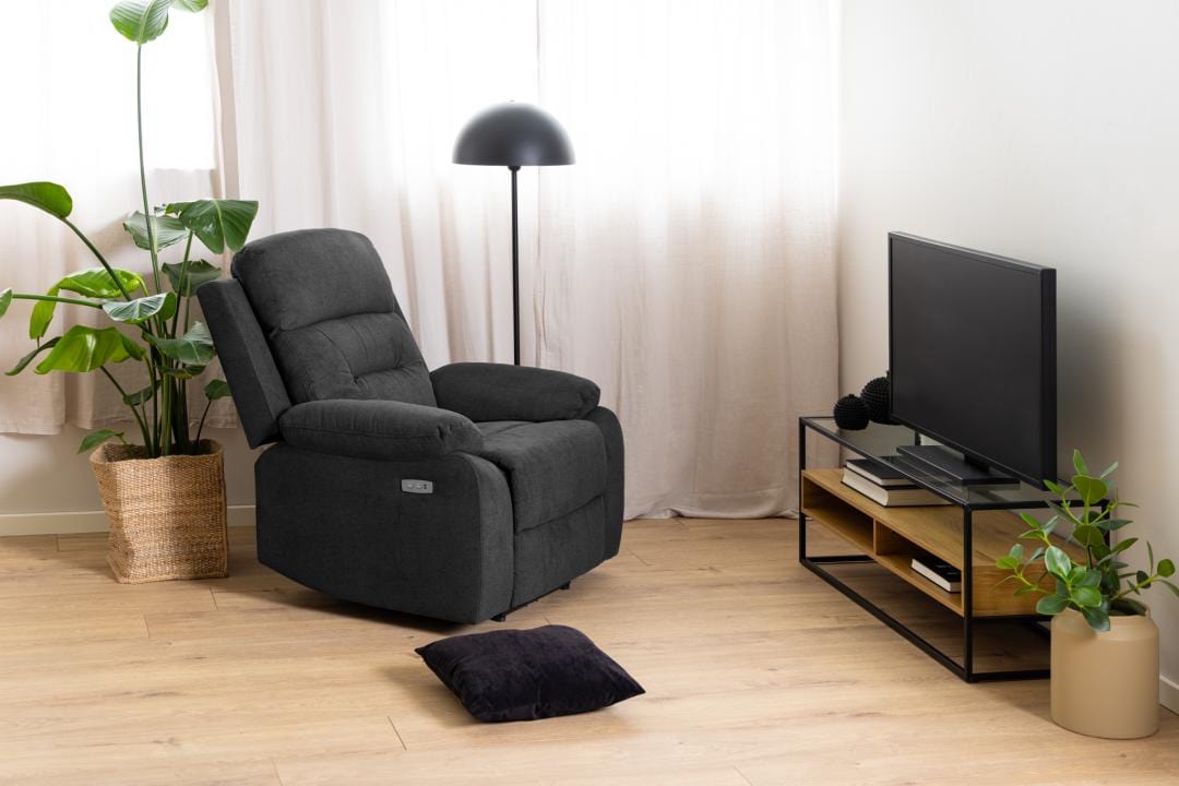 Fotoliu Recliner cu mecanism electric, tapitat cu stofa, Vansbro Gri Inchis / Negru, l92xA96xH98 cm (3)