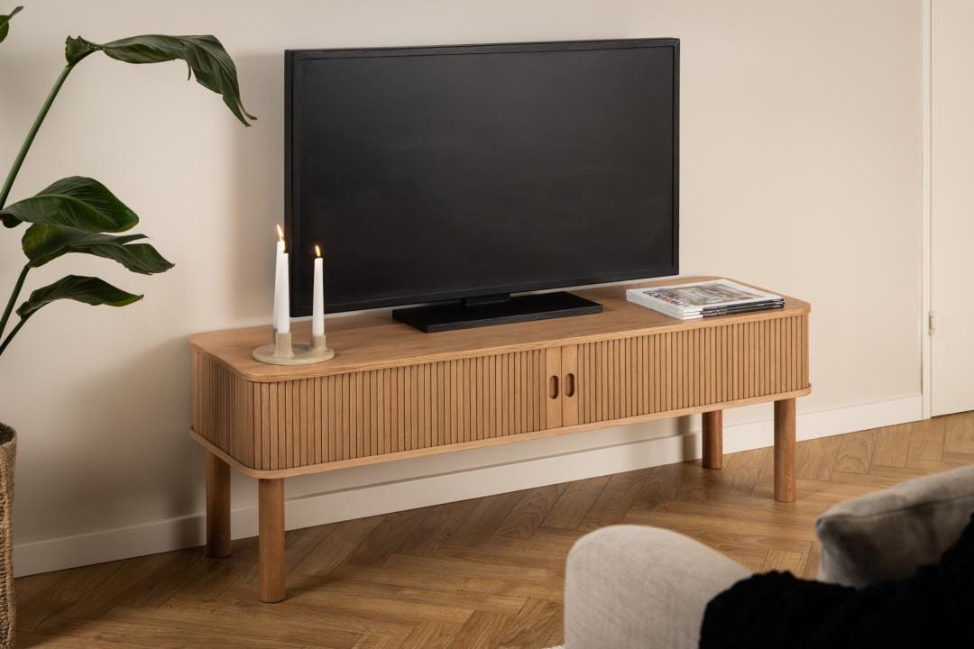 Comoda TV din MDF si lemn, cu 2 usi, Langley Natural / Stejar, l140xA40xH45 cm (4)