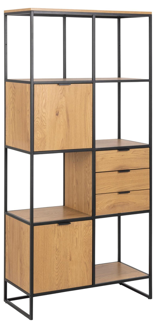 Biblioteca din MDF si metal, cu 3 sertare si 2 usi, Swindon Natural / Negru, l85xA40xH183 cm