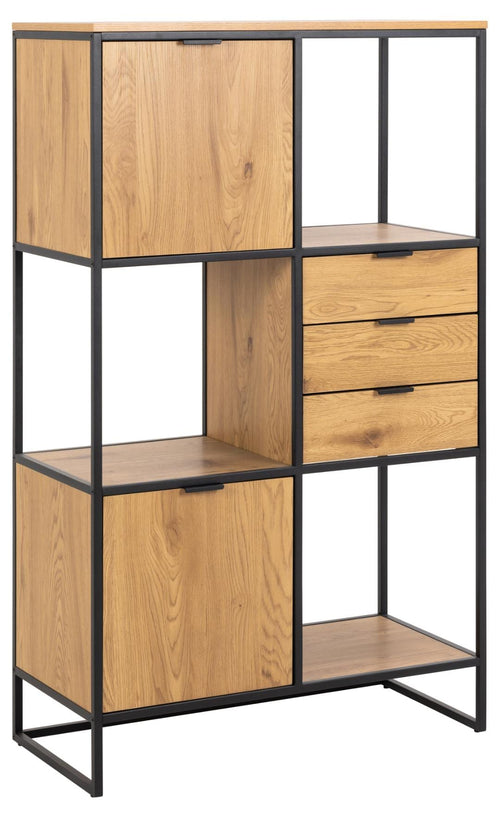 Biblioteca din MDF si metal, cu 3 sertare si 2 usi, Swindon Natural / Negru, l85xA40xH141 cm