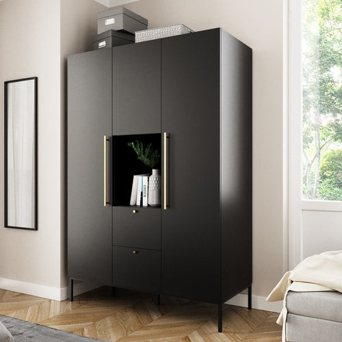 Dulap din MDF, cu 3 usi si 2 sertare, Lanzzi Negru / Auriu, l135xA60xH200 cm