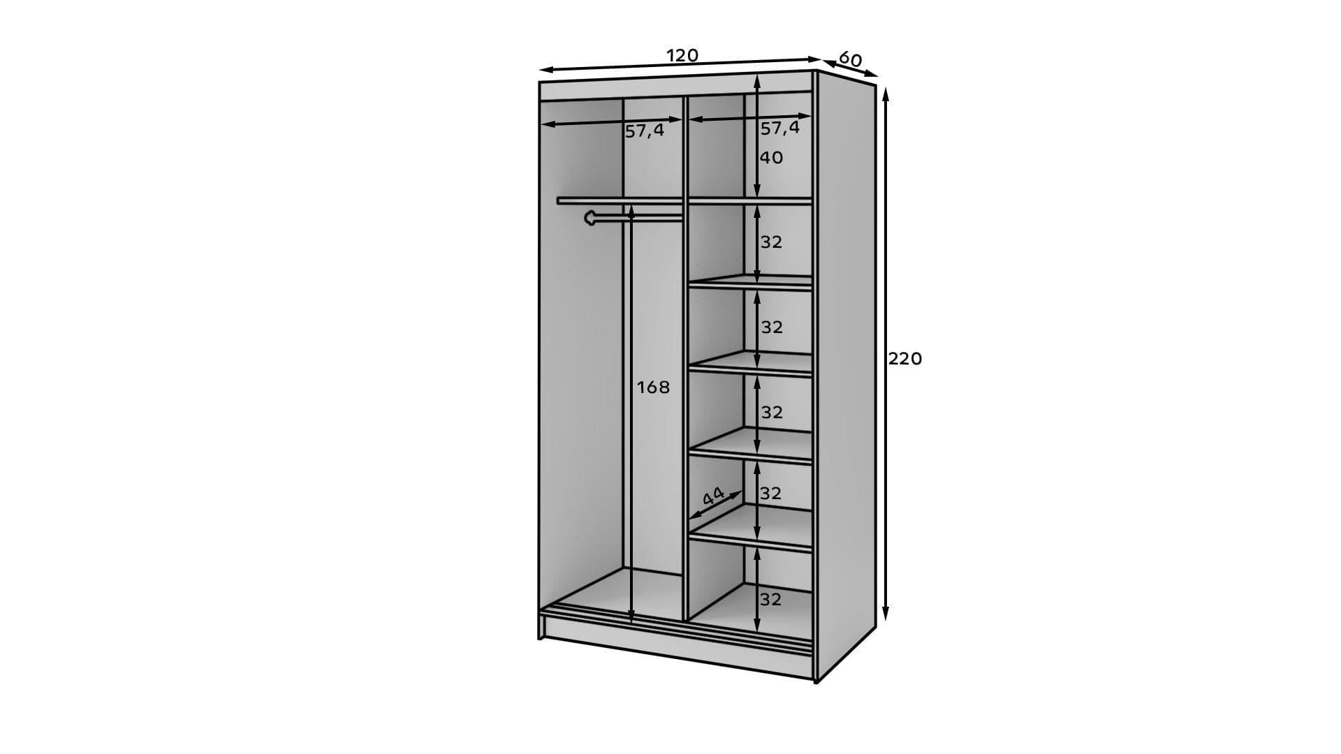 Dulap din MDF, cu 2 usi glisante si oglinda, Marrphy II Stejar / Negru, l120xA60xH220 cm (5)