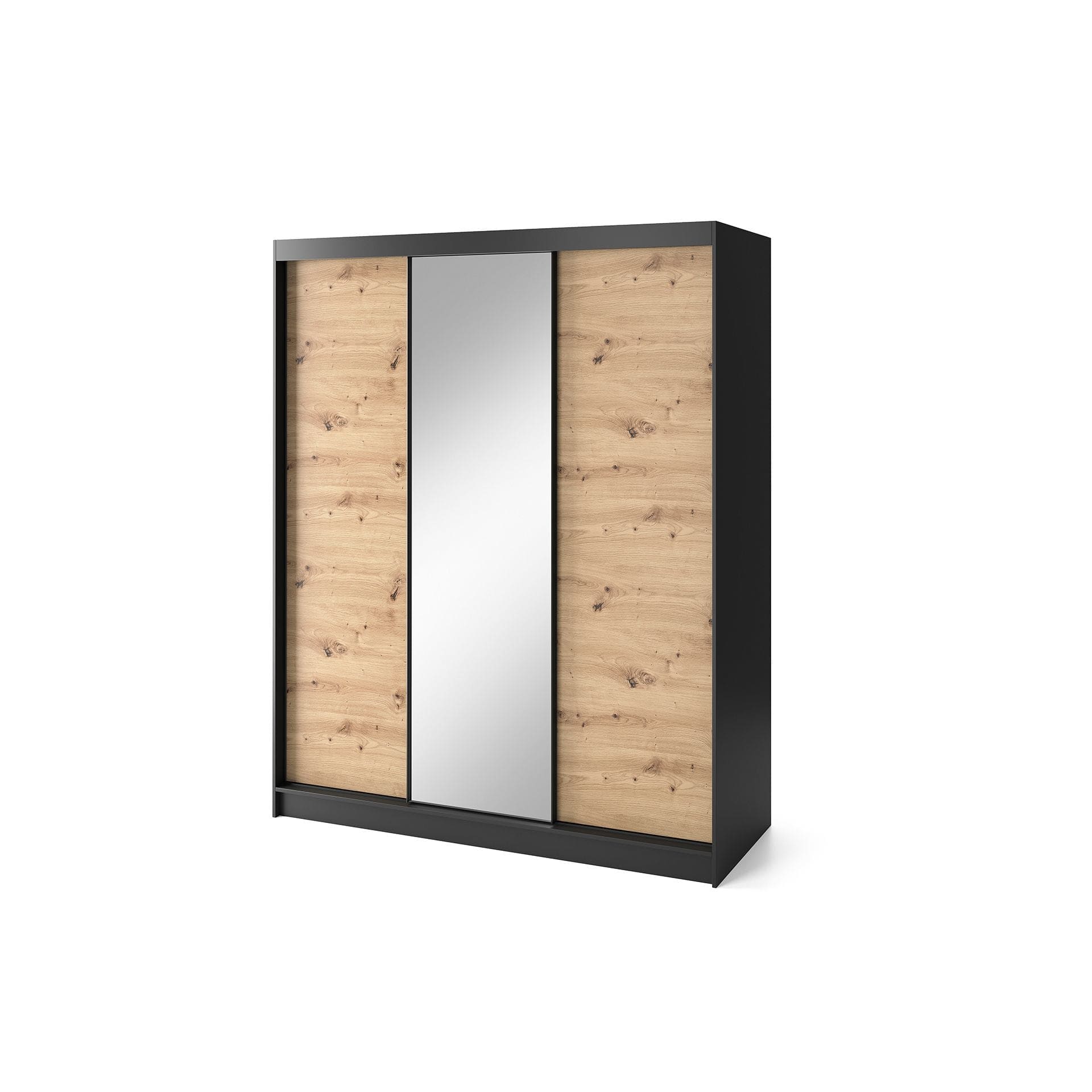 Dulap din MDF, cu 3 usi glisante si oglinda, Esville III Stejar / Negru, l180xA60xH220 cm