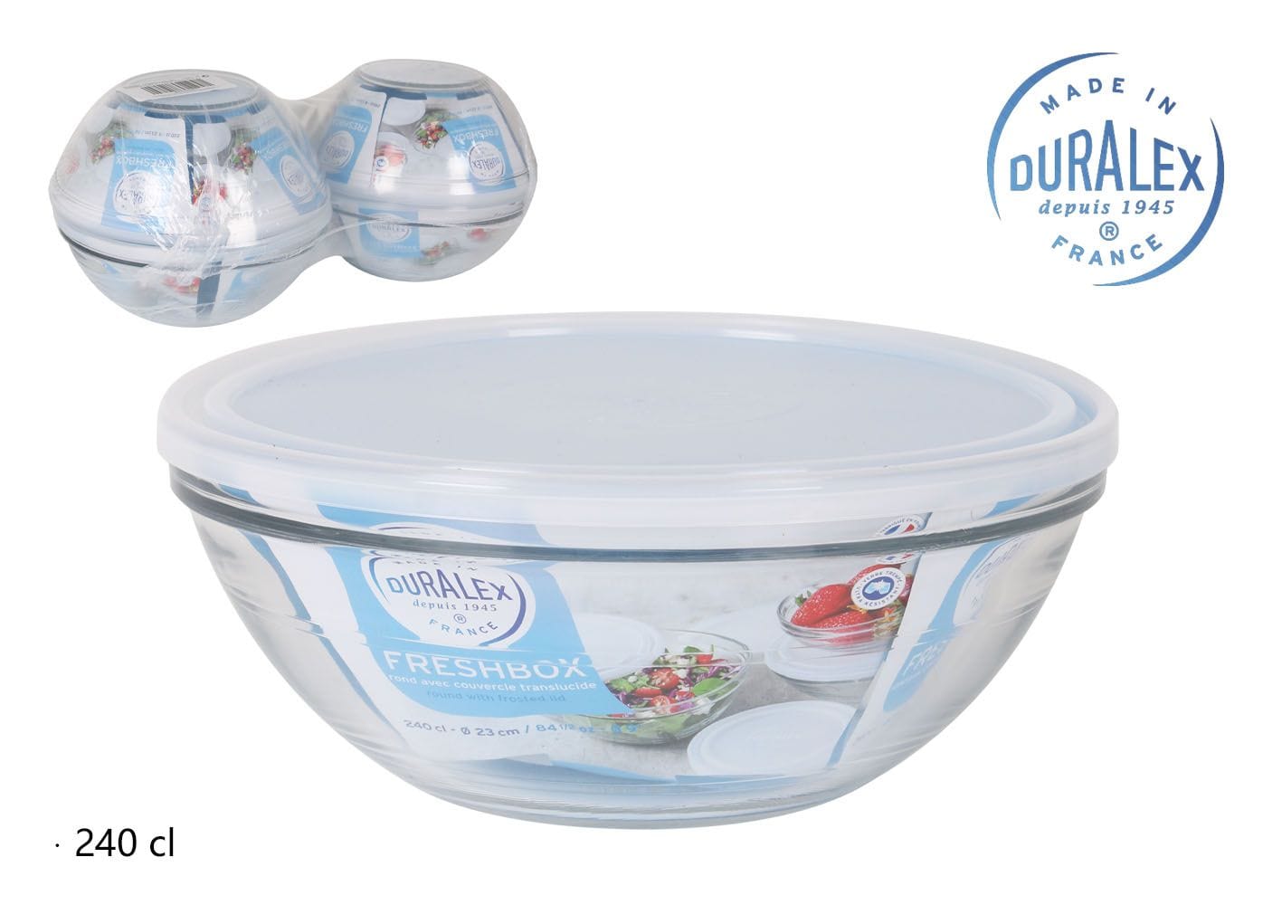 Caserola din sticla, cu capac, Freshbox Transparent, 2400 ml, Ø23xH9.3 cm