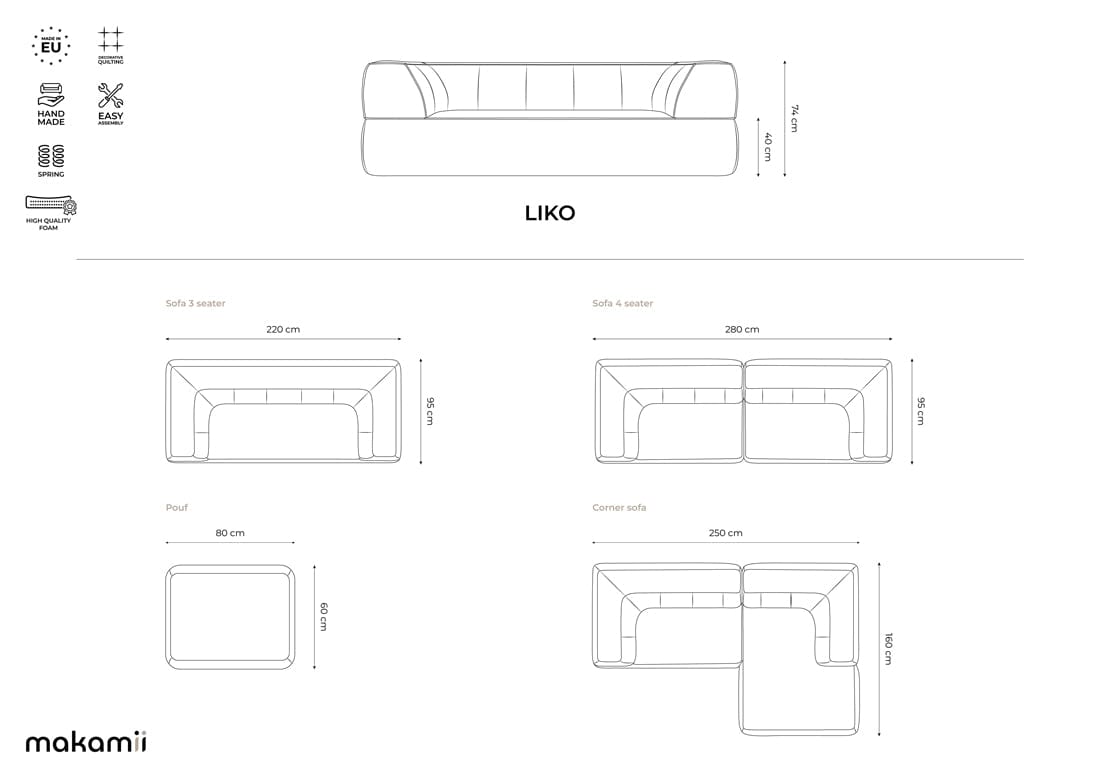 Canapea Fixa, 3 locuri, Tapitata cu Stofa, Liko Velvet 3S-C6 Gri Deschis / Negru, l220xA95xH74 cm (6)