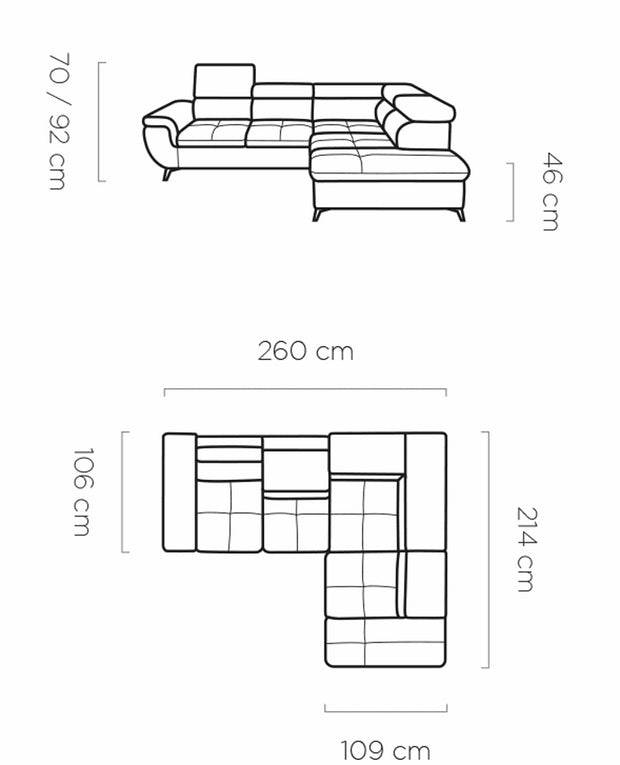 Coltar Extensibil, cu Sezlong pe Dreapta, Lada de Depozitare, Tetiere Reglabile, Monuk L, l260xA214xH70-92 cm (6)