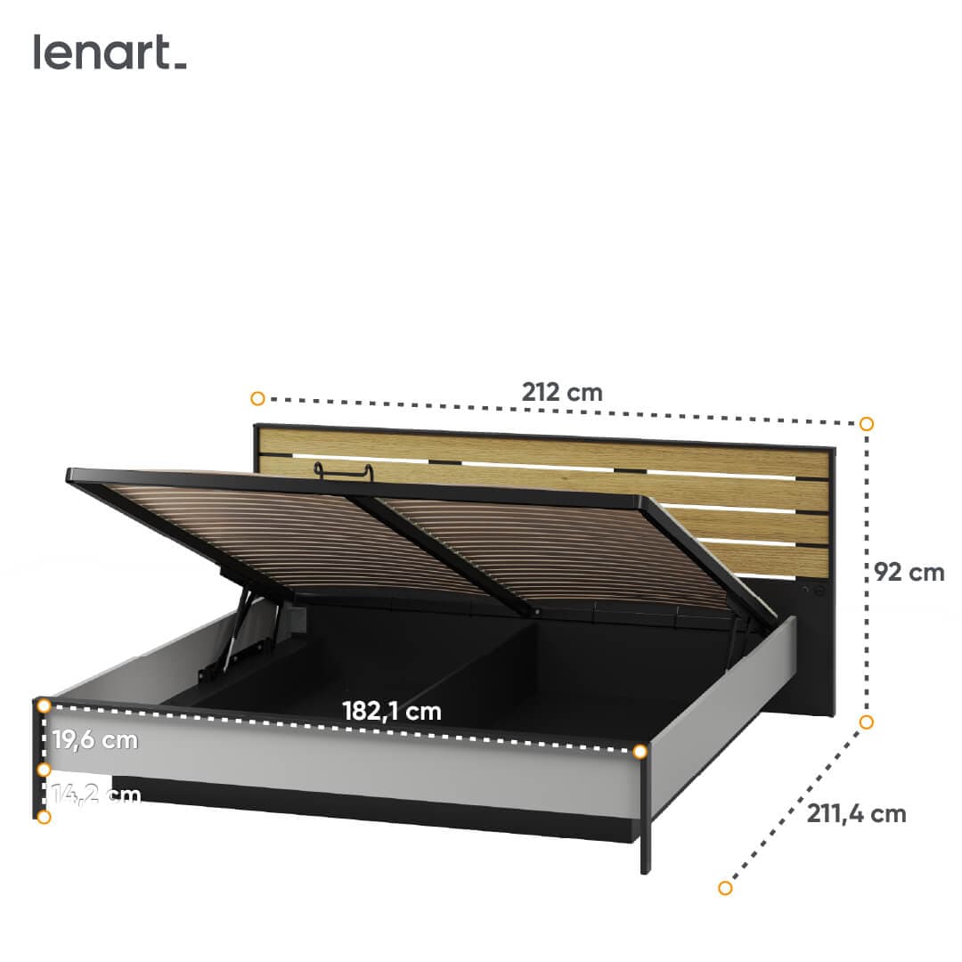 Pat rabatabil cu lada de depozitare, din pal si MDF, cu LED inclus, Gris GS-02 Gri / Negru / Stejar, 180 x 200 cm (3)