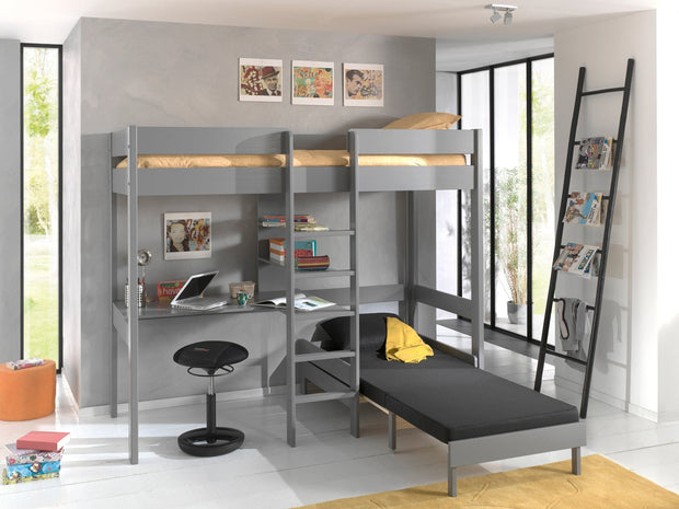 Pat etajat din lemn si MDF, cu birou si fotoliu extensibil, pentru copii, Highsleeper Gri, 90 x 200 cm (3)