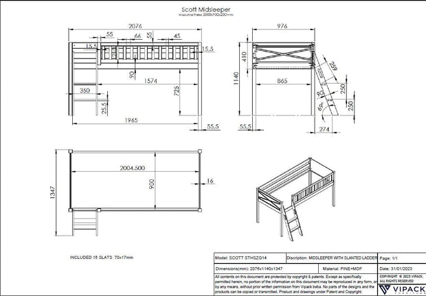 Pat etajat din lemn de pin, cu spatiu de joaca pentru copii, Scott Pet Alb, 200 x 90 cm (1)