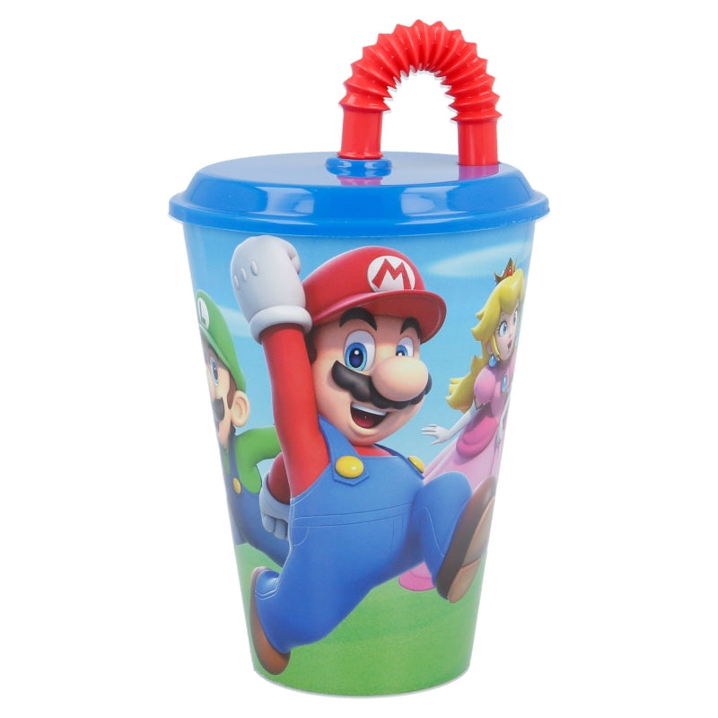 Pahar pentru copii, din plastic, cu pai, Super Mario Multicolor, 430 ml