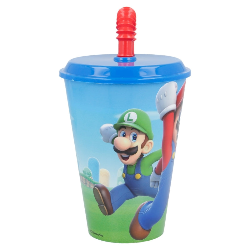 Pahar pentru copii, din plastic, cu pai, Super Mario Multicolor, 430 ml (1)