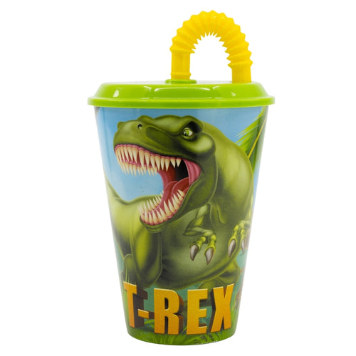 Pahar pentru copii, din plastic, cu pai, Dino Multicolor, 430 ml