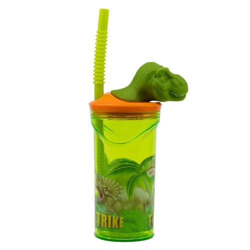 Pahar pentru copii, din plastic, cu pai si figurina, Dinosaur Multicolor, 360 ml