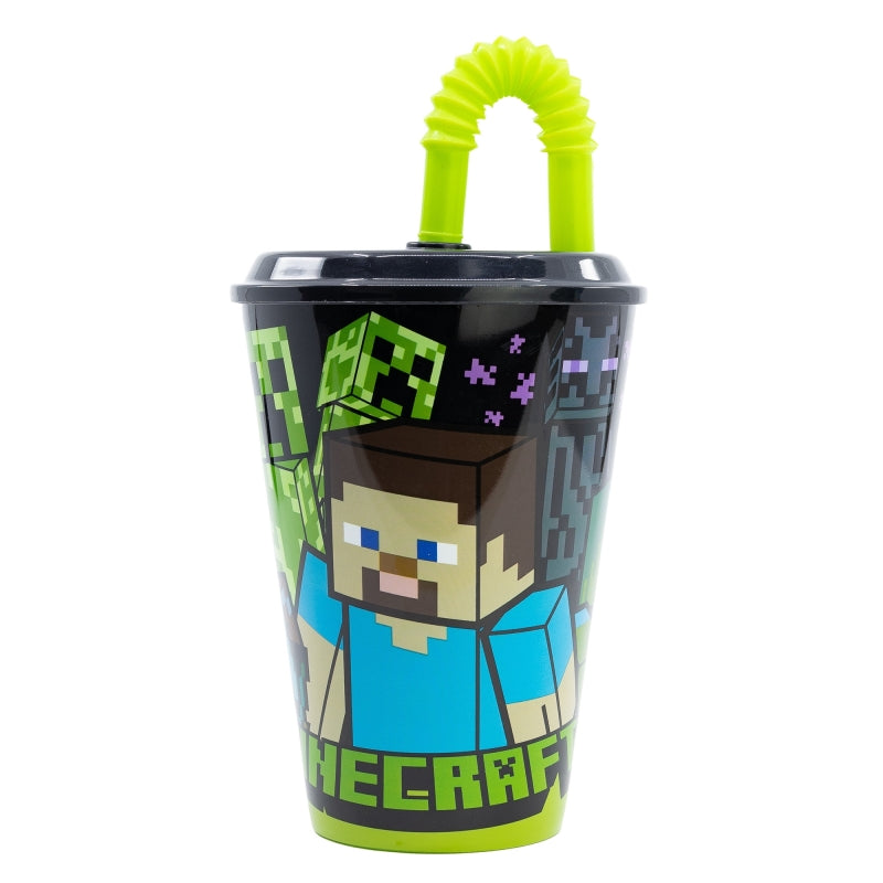 Pahar pentru copii, din plastic, cu pai, Minecraft Multicolor, 430 ml