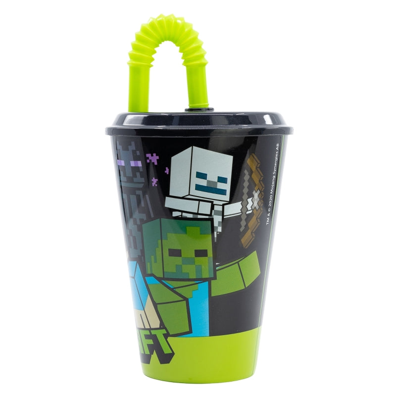 Pahar pentru copii, din plastic, cu pai, Minecraft Multicolor, 430 ml (1)