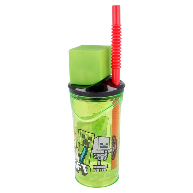 Pahar pentru copii, din plastic, cu pai si figurina, Minecraft Multicolor, 360 ml (1)