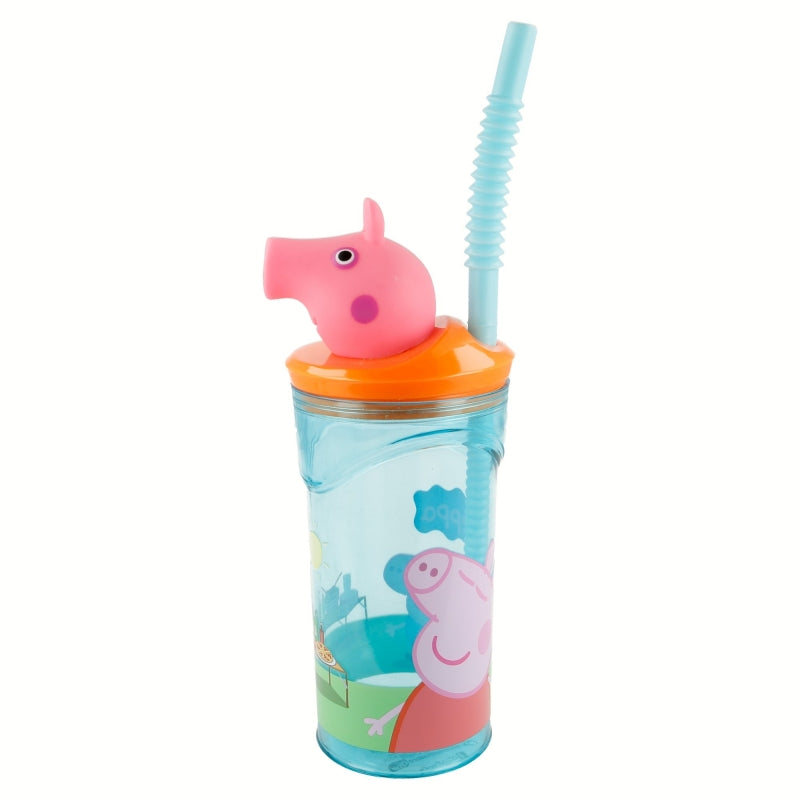 Pahar pentru copii, din plastic, cu pai si figurina, Peppa Pig Multicolor, 360 ml (1)