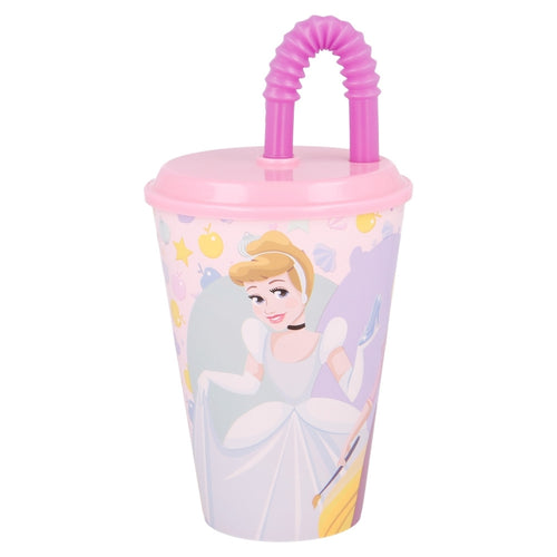 Pahar pentru copii, din plastic, cu pai, Princesses Multicolor, 430 ml