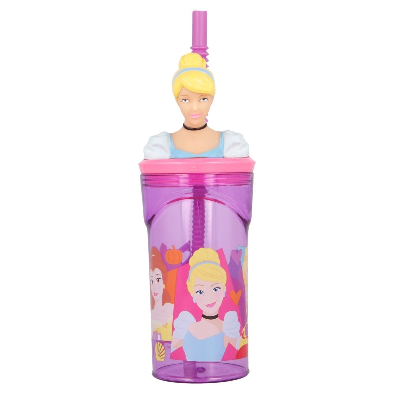 Pahar pentru copii, din plastic, cu pai si figurina, Princesses Multicolor, 360 ml